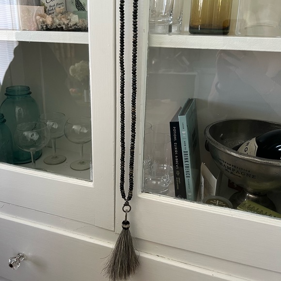 Black opal & pyrite long necklace sterling diamond clasp horse hair tassel rare - Picture 11 of 16